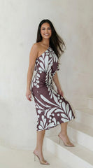 Rhodes One Shoulder Satin Midi Dress - Brown Blue