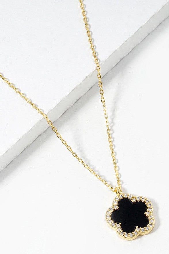 Black Gold Clover Rhinestone Trimmed Pendant Necklace