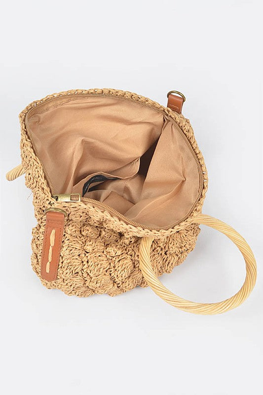 Baha Straw Round Handbag - Khaki
