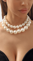 Elegant Bilayer Large & Small Pearls Choker Necklace - White