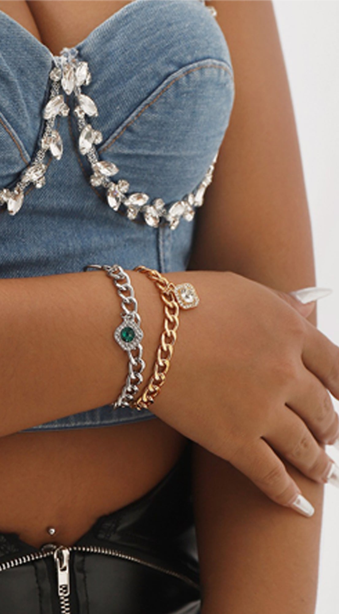 Crystal Link Charm Chain Crystal Bracelet - Gold