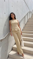 Avelora Pinstripe Tailored Set in Beige embellishment and trim close-up