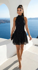 Colette Polka Dot High Neck Mini Dress in Black back view on model
