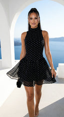 Colette Polka Dot High Neck Mini Dress in Black full length front view on model