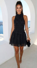 Colette Polka Dot High Neck Mini Dress in Black seam and edge finishing detail