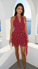 Amour Polka Dot Wrap Mini Dress in Red back view on model