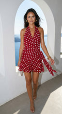 Amour Polka Dot Wrap Mini Dress in Red side profile view on model
