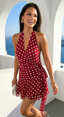 Amour Polka Dot Wrap Mini Dress in Red hemline and silhouette detail