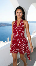 Amour Polka Dot Wrap Mini Dress in Red close-up of wrap construction