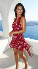 Amour Polka Dot Wrap Mini Dress in Red styled outfit flat lay