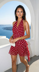 Amour Polka Dot Wrap Mini Dress in Red close-up of neckline and shoulder detail
