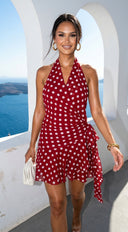 Amour Polka Dot Wrap Mini Dress in Red seam and edge finishing detail