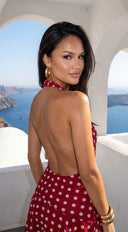 Amour Polka Dot Wrap Mini Dress in Red back hemline and length on model