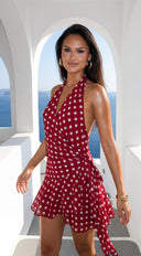 Amour Polka Dot Wrap Mini Dress in Red front panel and closure detail