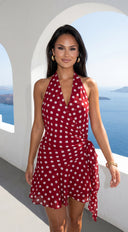 Amour Polka Dot Wrap Mini Dress in Red embellishment and trim close-up
