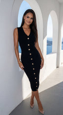 Dominique Button Knit Midi Dress in Black embellishment and trim close-up