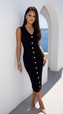 Dominique Button Knit Midi Dress in Black collar and strap construction