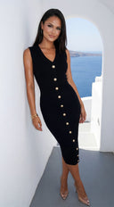 Dominique Button Knit Midi Dress in Black full length front view on model
