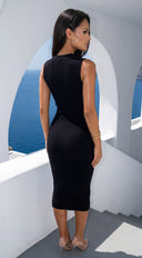 Dominique Button Knit Midi Dress in Black layered styling on model