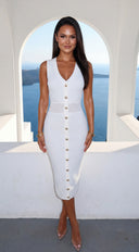 Dominique Button Knit Midi Dress in Off White close-up of neckline and shoulder detail