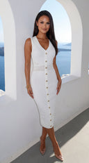 Dominique Button Knit Midi Dress in Off White stitching and texture close-up hemline and silhouette detail