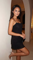 Zarelle Chiffon Mini Dress in Black full length three-quarter angle