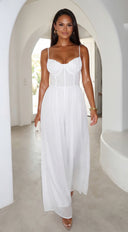 Orlaya Chiffon Wide Leg Jumpsuit in Off White full length front view on model