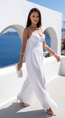 Orlaya Chiffon Wide Leg Jumpsuit in Off White hemline and silhouette detail
