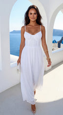 Orlaya Chiffon Wide Leg Jumpsuit in Off White close-up of neckline and shoulder detail