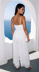 Orlaya Chiffon Wide Leg Jumpsuit in Off White stitching and texture close-up hemline and silhouette detail