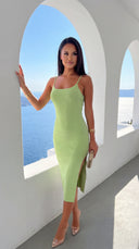 Sana Ribbed Side Slit Cami Midi Dress in Green close-up of neckline and shoulder detail
