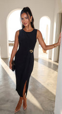 Aureva Pleated Gold Accent Midi Dress in Black full length front view on model