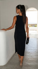 Aureva Pleated Gold Accent Midi Dress in Black close-up of pleated fabric