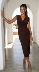 Seralya V Neck Surplice Pleated Midi Dress in Brown full length three-quarter angle