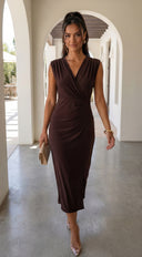 Seralya V Neck Surplice Pleated Midi Dress in Brown full length front view on model
