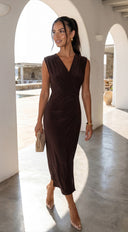 Seralya V Neck Surplice Pleated Midi Dress in Brown back view on model