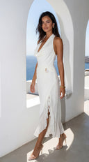 Aurevia Drape Seashell Slit Maxi Dress in Off White embellishment and trim close-up