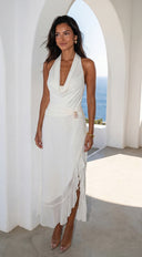 Aurevia Drape Seashell Slit Maxi Dress in Off White stitching and texture close-up hemline and silhouette de additional angle
