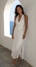 Aurevia Drape Seashell Slit Maxi Dress in Off White styled look from behind