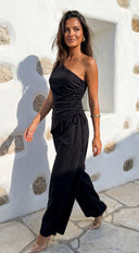 Caldera Linen One Shoulder Set in Black stitching and texture close-up hemline and silhouette detail