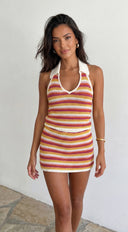Ibella Halter Crochet Set in Orange Multi hemline and silhouette detail