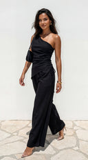 Caldera Linen One Shoulder Set in Black back view on model
