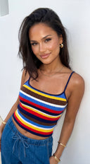 Havana Stripe Knit Cami Top in Blue Multi styled outfit flat lay