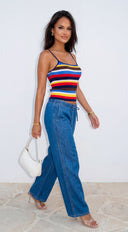 Laguna Wide Leg Denim Pants in Blue close-up of neckline and shoulder detail