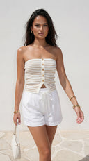 Riviera Stripe Button Tube Top in Beige hemline and silhouette detail