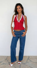 Valette Polka Dot Lace Halter Top in Red back view on model