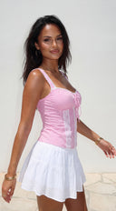 Calypsea Crinkle Gauze Tiered Mini Skort in White styled look from behind
