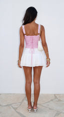 Kiora Gingham Corset Top in Pink fabric drape close-up hemline and silhouette detail