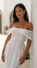 Lunessa Lace Off Shoulder Maxi Dress in Cream White close-up of lace detailing