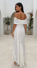 Lunessa Lace Off Shoulder Maxi Dress in Cream White side profile view on model